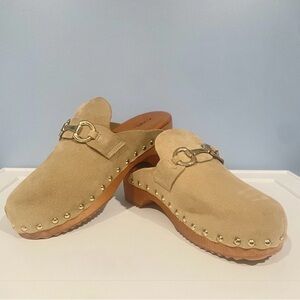 Alex Beige Suede Studded Clog Mules with Gold Accent